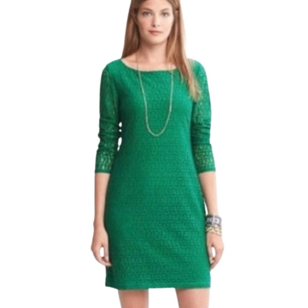 BANANA REPUBLIC Emerald Green Eyelet Lace 3/4 Sleeve Dress 2 (XSmall)